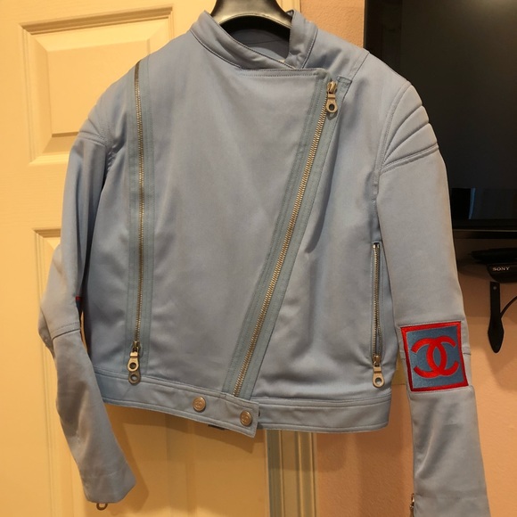 Authentic Chanel Moto Jacket Powder Blue Size 40 - Picture 4 of 8